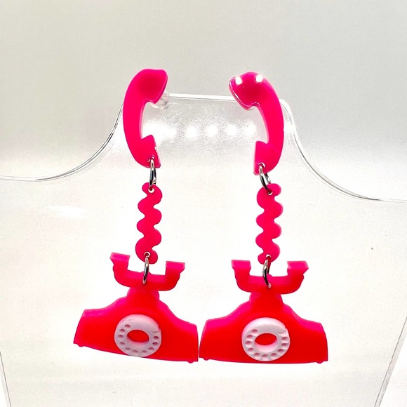 Telephone Earrings - Barbie Earrings - Retro Earrings - Pink Rotary Phone - Picture 1 of 8